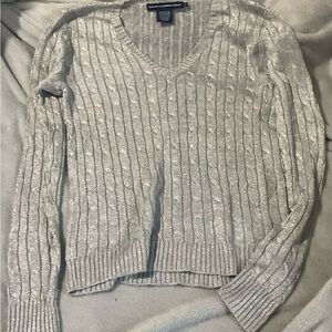 Ralph Lauren Metallic Cable Knit V-Neck Sweater - Silver